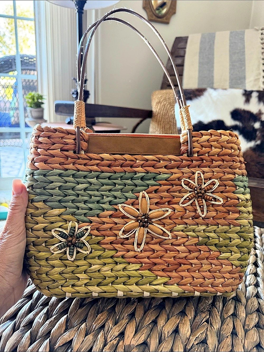 Woven Floral Tote in Green & Brown